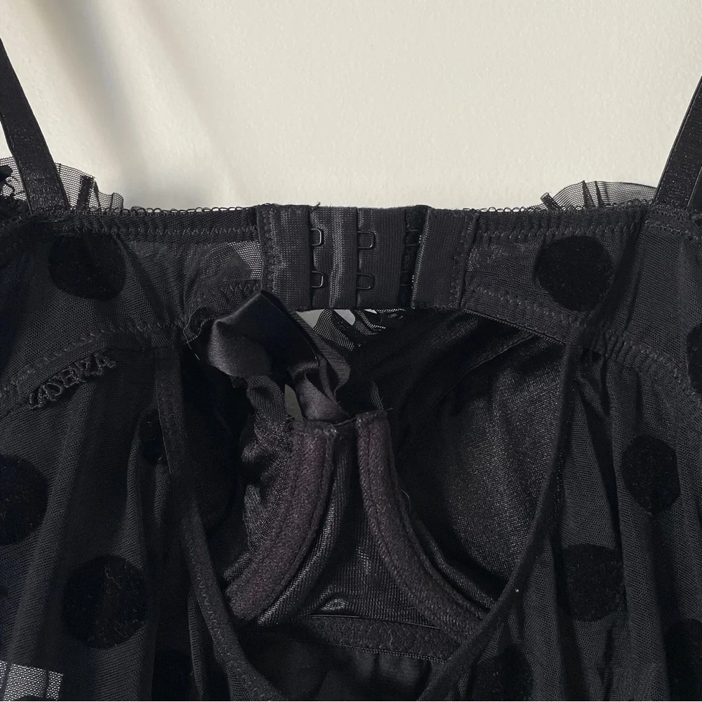 Y2K Babydoll LA SENZA Black Polka Dot Garter Lingerie Corset Mesh Top L Coquette - Picture 8 of 12